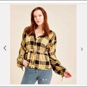FREE PEOPLE Plaid Ruched-Sleeve Shirt XS NEW